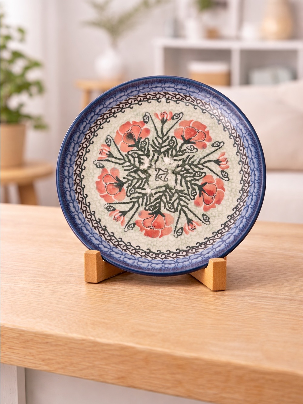 Handmade Polish Pottery Ceramic plate ceramika artystyczna plate Blue Pinkfloral